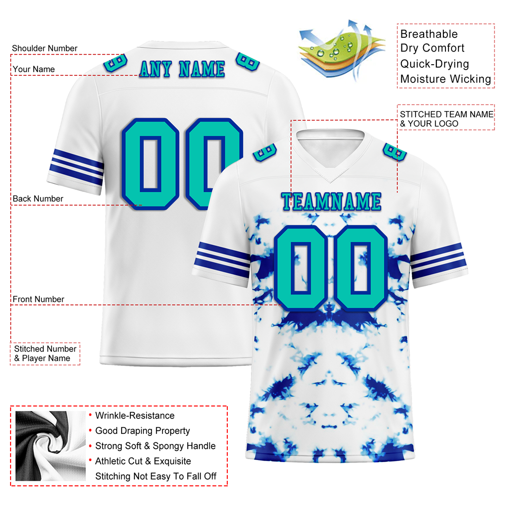 Corporate Gifts,Custom White Tie Dye Aqua Personalized Authentic Football Jersey FBJ02-bc0fa7e