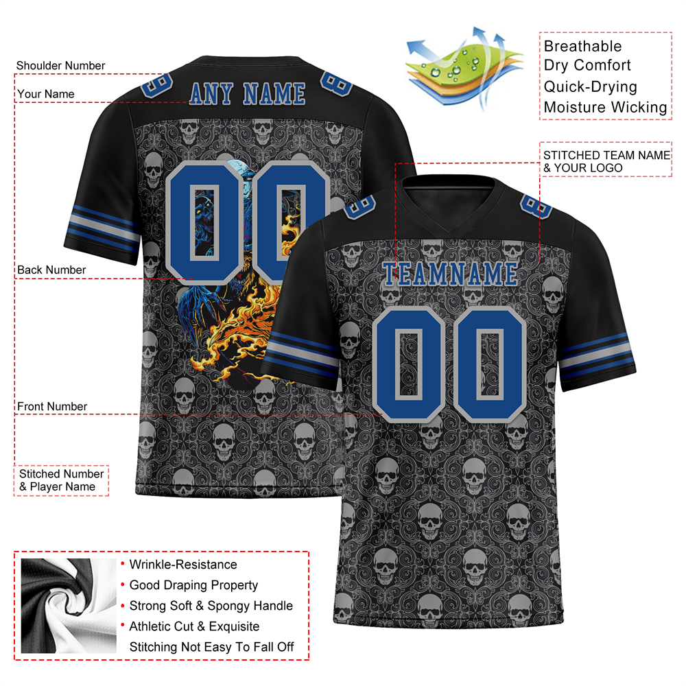 Corporate Gifts,Custom Black Grey Skull Fashion Blue Personalized Authentic Football Jersey FBJ02-bc0fbaf