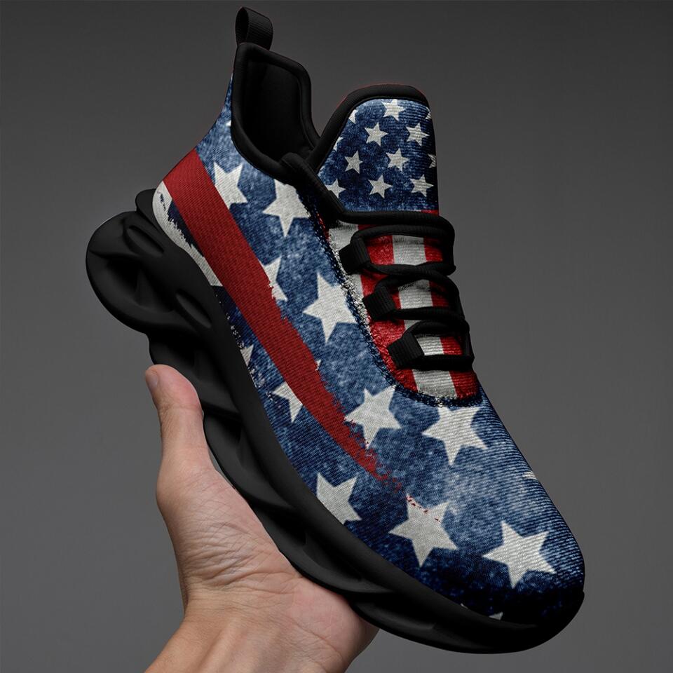 Custom American Flag Sneakers with Personalized Name, Logo | USA Patriotic Athletic Shoes | Corporate, Business, independence day Gift | MaxSoul-B03008