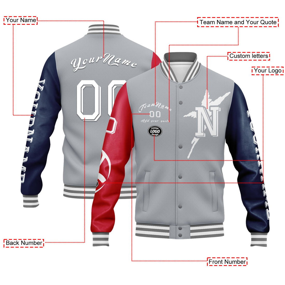 Custom Gray Red Blue New England Jacket Bomber Full-Snap Varsity Letterman Personalized Jacket FZ005SX-D020290-26