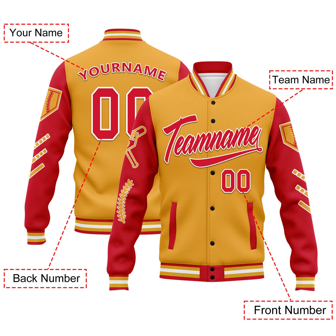 Gift Ideas,Custom Yellow Red Raglan Sleeves Jacket Bomber Full-Snap Varsity Letterman Personalized Jacket FZ005-D023002-6