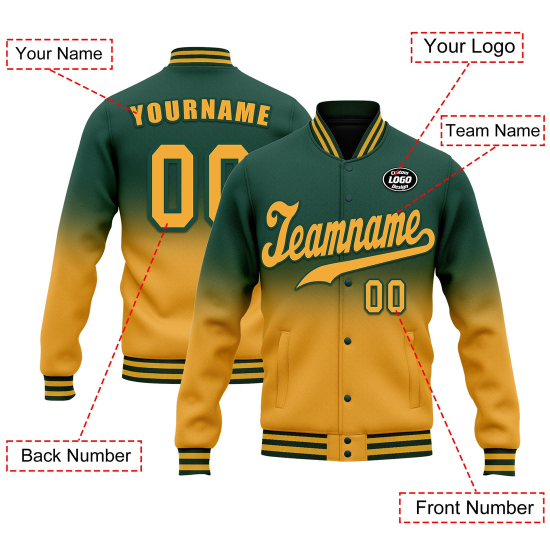 Luxury Gifts,Custom Green Yellow Fade Fashion Jacket Bomber Full-Snap Varsity Letterman Personalized Jacket FZ005-D020229-5