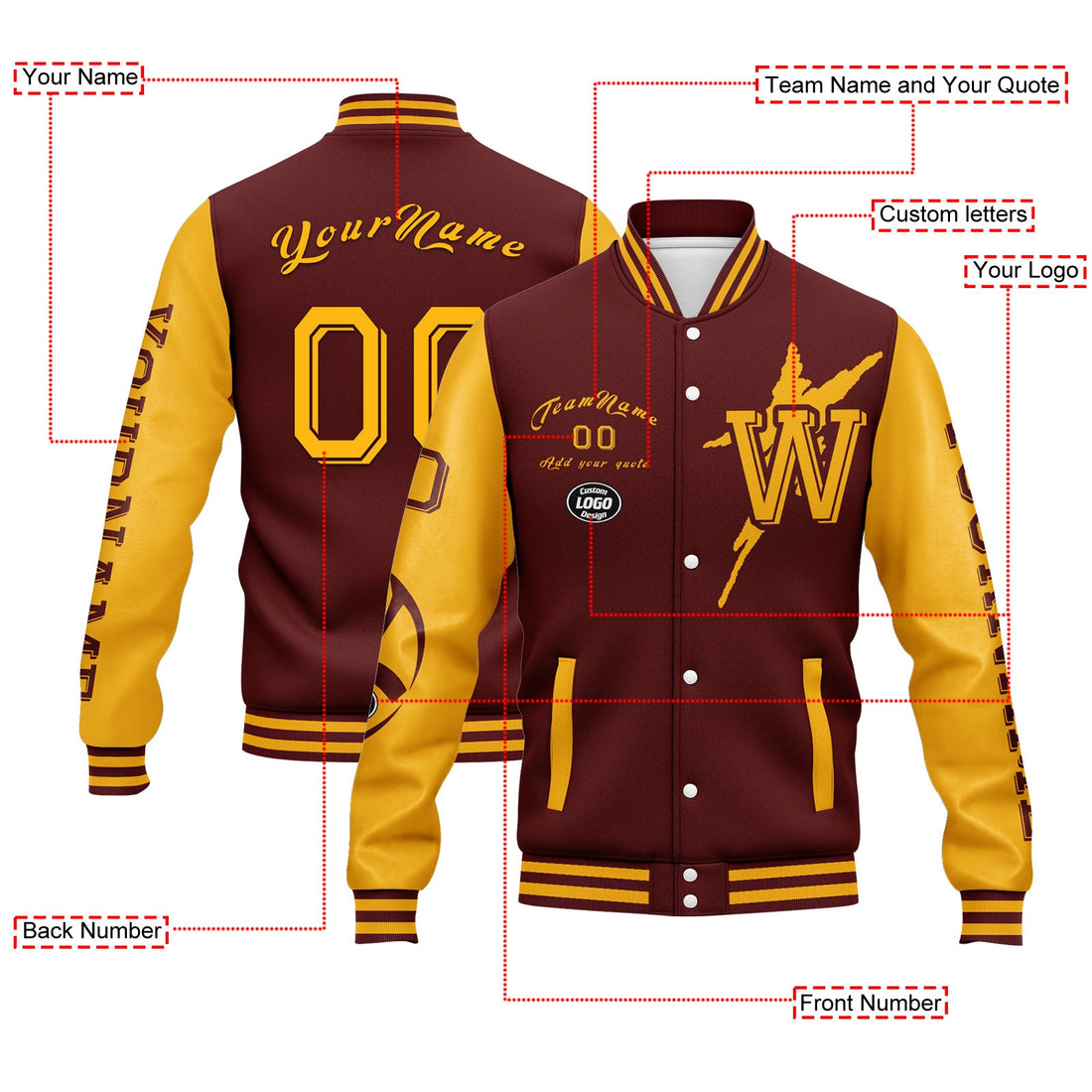 Custom Red Yellow Washington Jacket Bomber Full-Snap Varsity Letterman Personalized Jacket FZ005SX-D020290-31