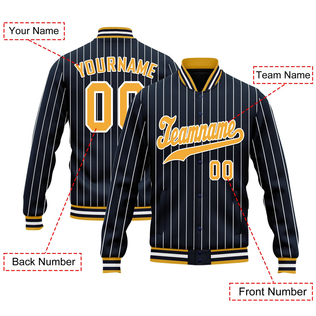 Gift Ideas,Custom Navy Yellow Stripe Fashion Jacket Bomber Full-Snap Varsity Letterman Personalized Jacket FZ005-D020219-21