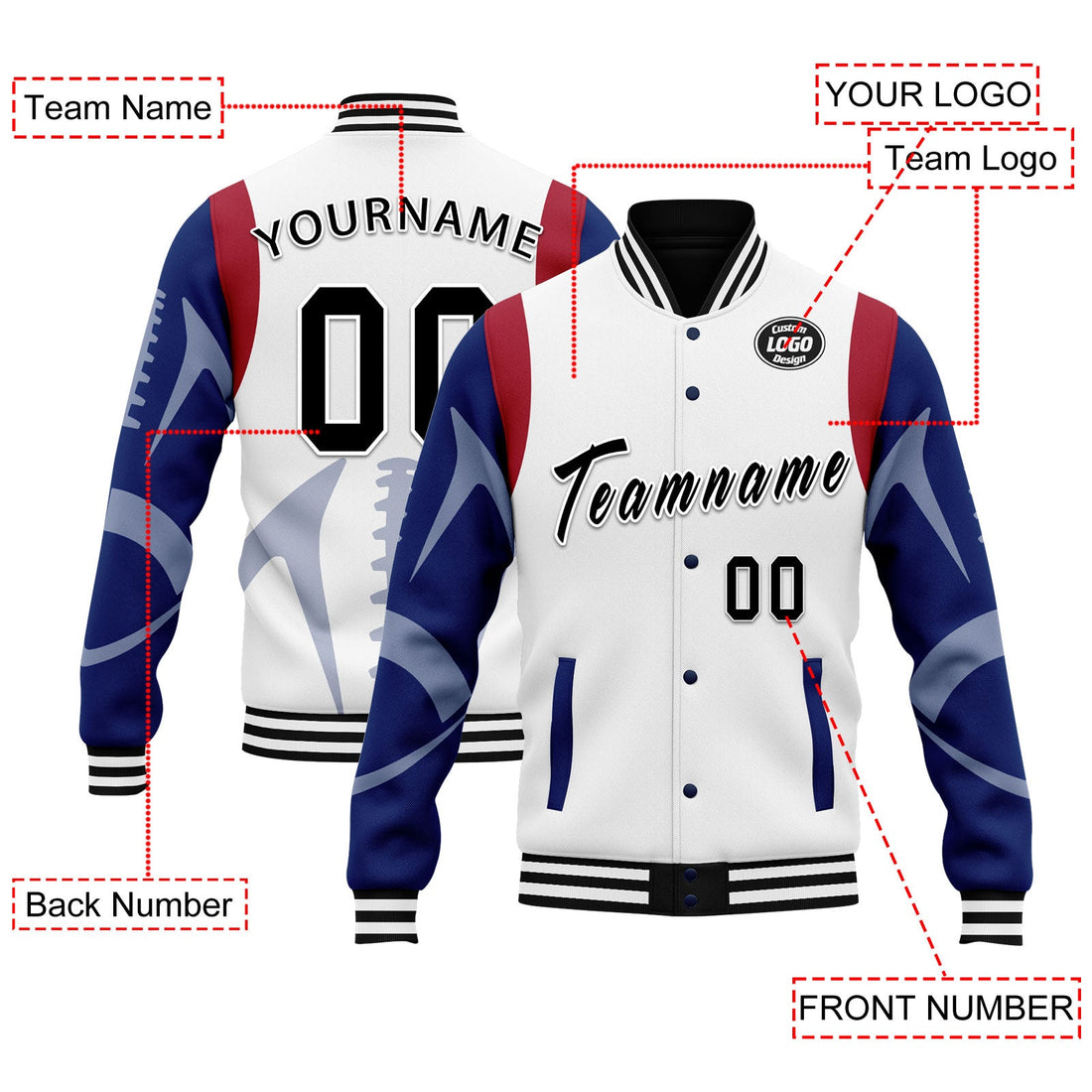 Custom White New York Jacket Bomber Full-Snap Varsity Letterman Personalized Jacket FZ005-D025004-20