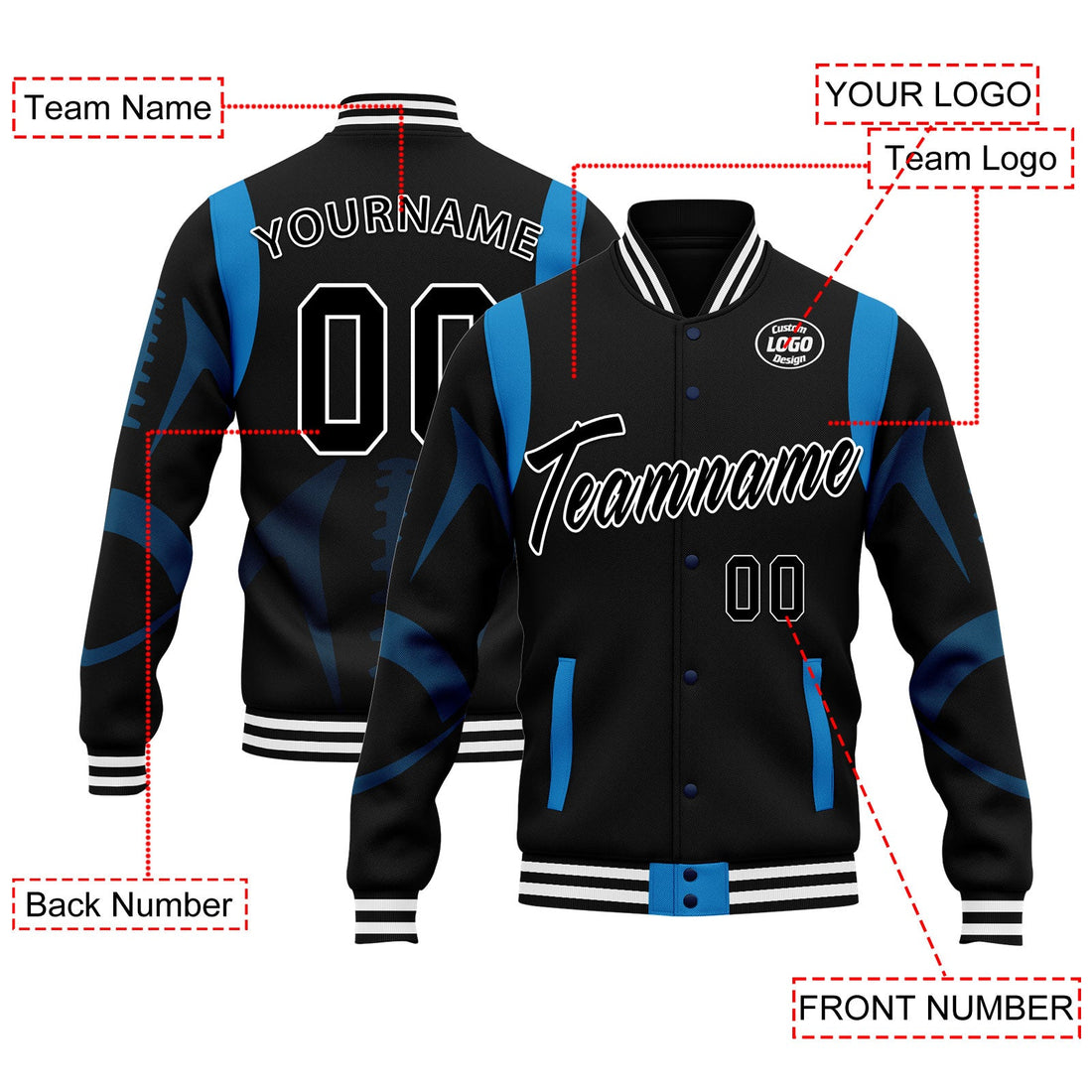 Corporate Gifts,Custom Black Carolina Jacket Bomber Full-Snap Varsity Letterman Personalized Jacket FZ005-D025004-3