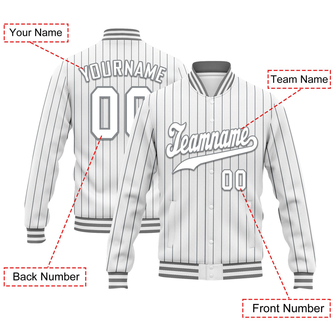 Custom White Gray Stripe Fashion Jacket Bomber Full-Snap Varsity Letterman Personalized Jacket FZ005-D020219-8