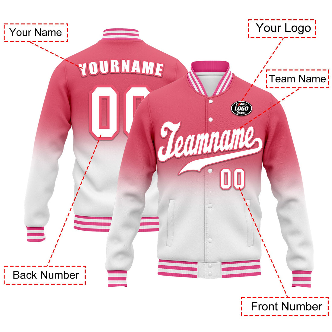 Luxury Gifts,Custom Pink White Fade Fashion Jacket Bomber Full-Snap Varsity Letterman Personalized Jacket FZ005-D020229-29