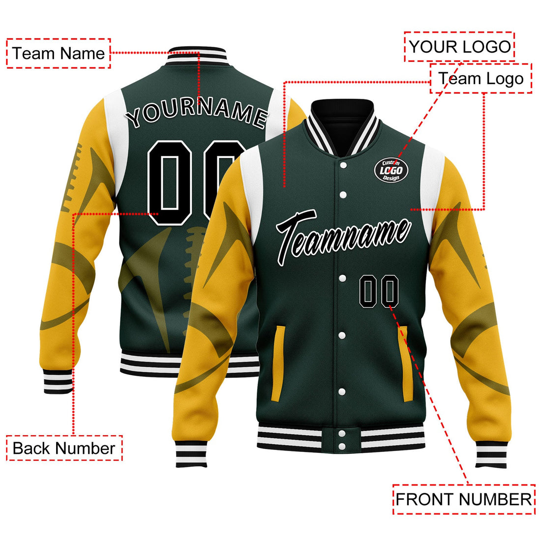 Corporate Gifts,Custom Green Green Bay Jacket Bomber Full-Snap Varsity Letterman Personalized Jacket FZ005-D025004-13