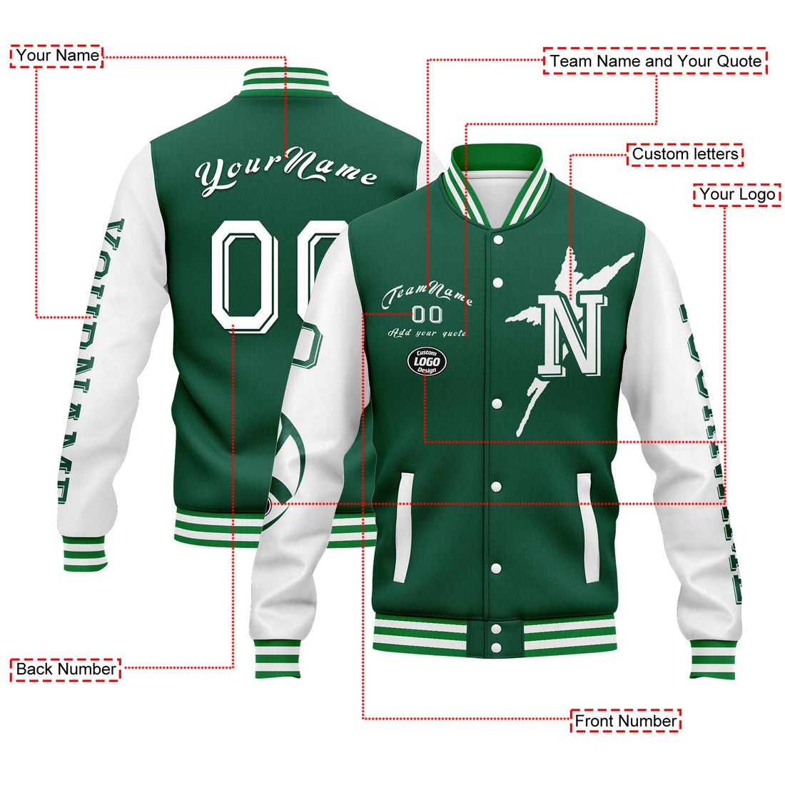 Corporate Gifts,Custom Green White New York Jacket Bomber Full-Snap Varsity Letterman Personalized Jacket FZ005SX-D020290-28