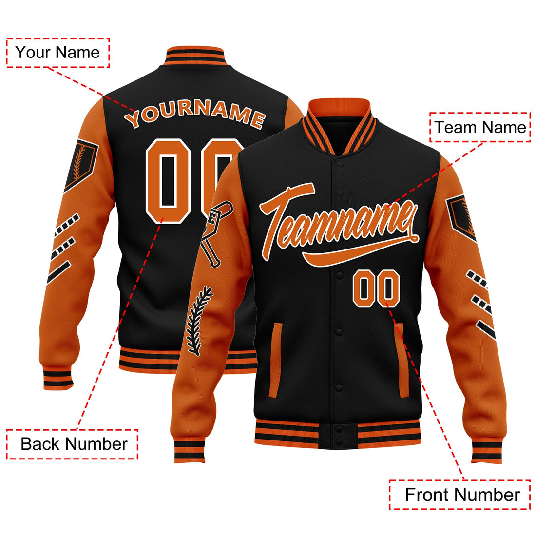 Gift Ideas,Custom Orange Black Raglan Sleeves Jacket Bomber Full-Snap Varsity Letterman Personalized Jacket FZ005-D023002-5