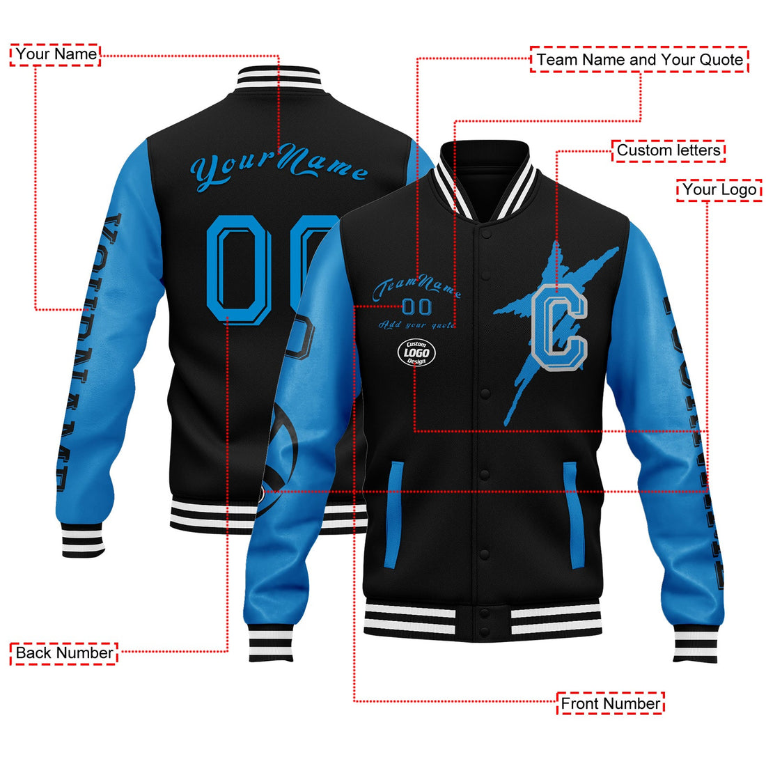 Custom Black Blue Carolina Jacket Bomber Full-Snap Varsity Letterman Personalized Jacket FZ005SX-D020290-5