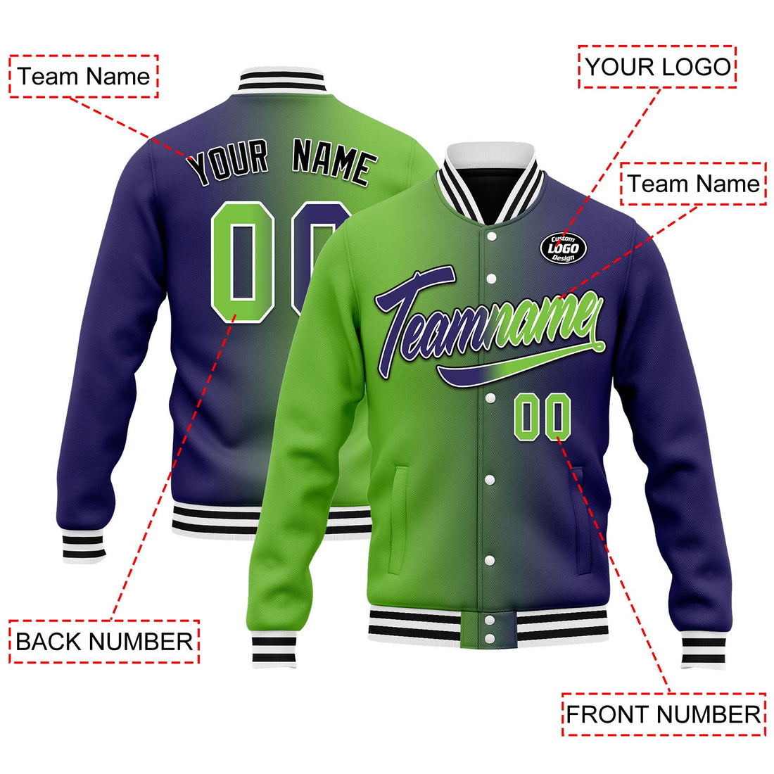 Custom Gradient Fashion Jacket Bomber Full-Snap Varsity Letterman Personalized Jacket FZ005-D028015-9