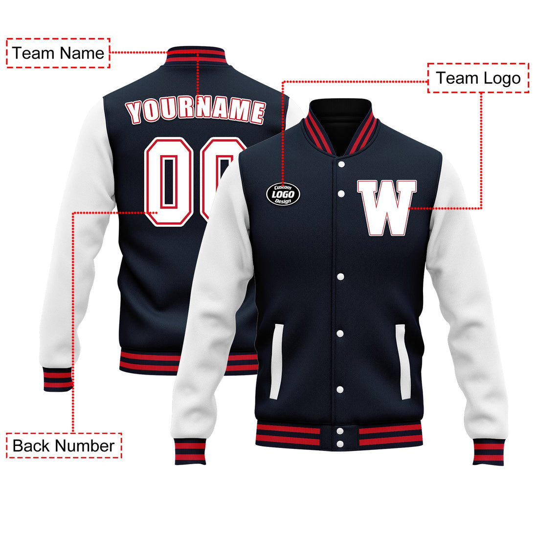 Custom Blue White Jacket Bomber Full-Snap Varsity Letterman Personalized Jacket FZ005-D020255-1