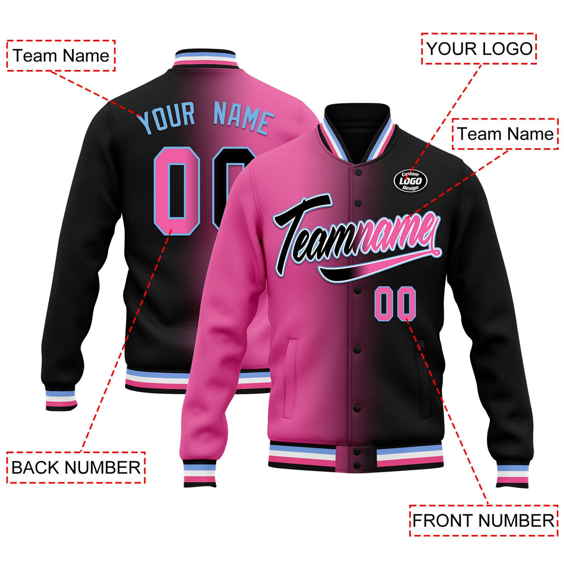 Custom Gradient Fashion Jacket Bomber Full-Snap Varsity Letterman Personalized Jacket FZ005-D028016-19