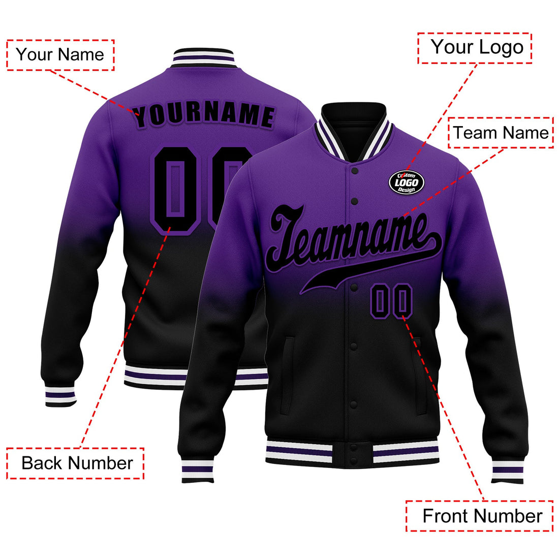 Luxury Gifts,Custom Purple Black Fade Fashion Jacket Bomber Full-Snap Varsity Letterman Personalized Jacket FZ005-D020229-6