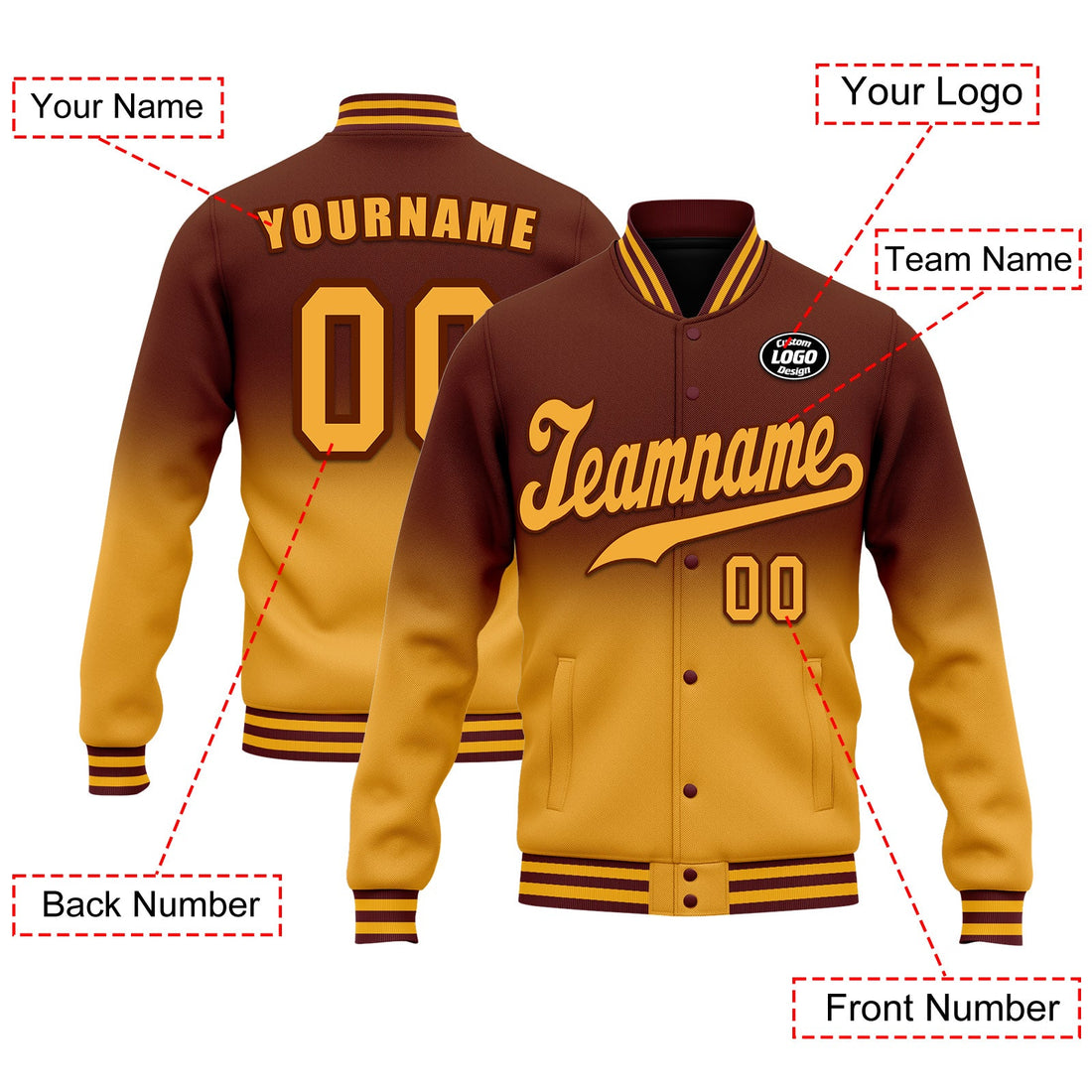 Luxury Gifts,Custom Brown Yellow Fade Fashion Jacket Bomber Full-Snap Varsity Letterman Personalized Jacket FZ005-D020229-12