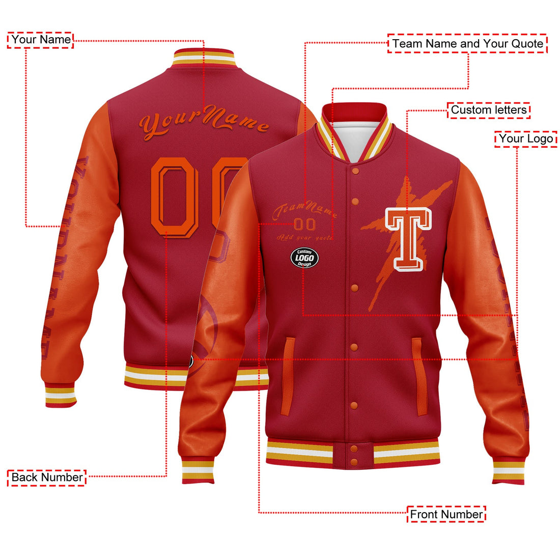 Custom Red Orange Tampa Bay Jacket Bomber Full-Snap Varsity Letterman Personalized Jacket FZ005SX-D020290-29