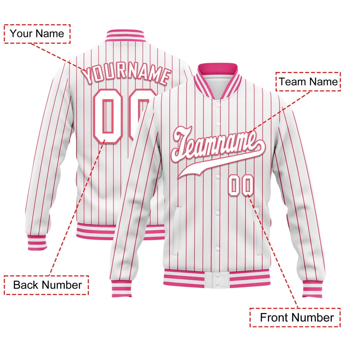 Gift Ideas,Custom White Pink Stripe Fashion Jacket Bomber Full-Snap Varsity Letterman Personalized Jacket FZ005-D020219-6