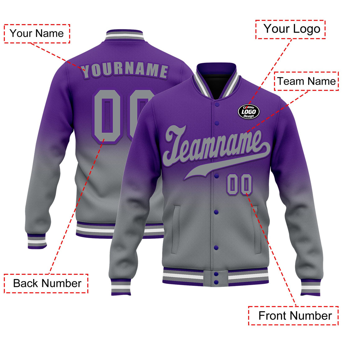 Luxury Gifts,Custom Purple Gray Fade Fashion Jacket Bomber Full-Snap Varsity Letterman Personalized Jacket FZ005-D020229-13