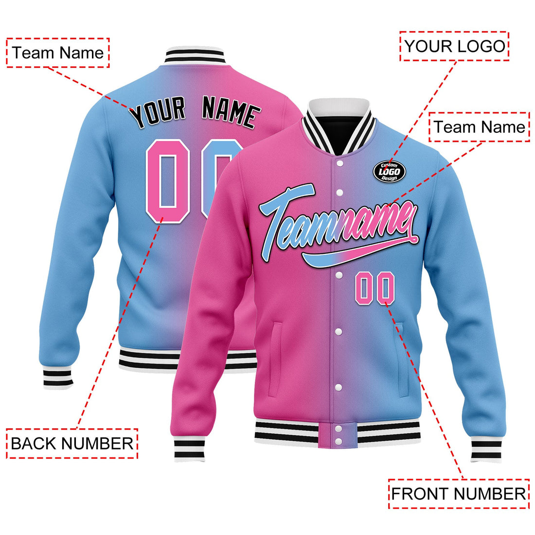 Custom Gradient Fashion Jacket Bomber Full-Snap Varsity Letterman Personalized Jacket FZ005-D028016-29