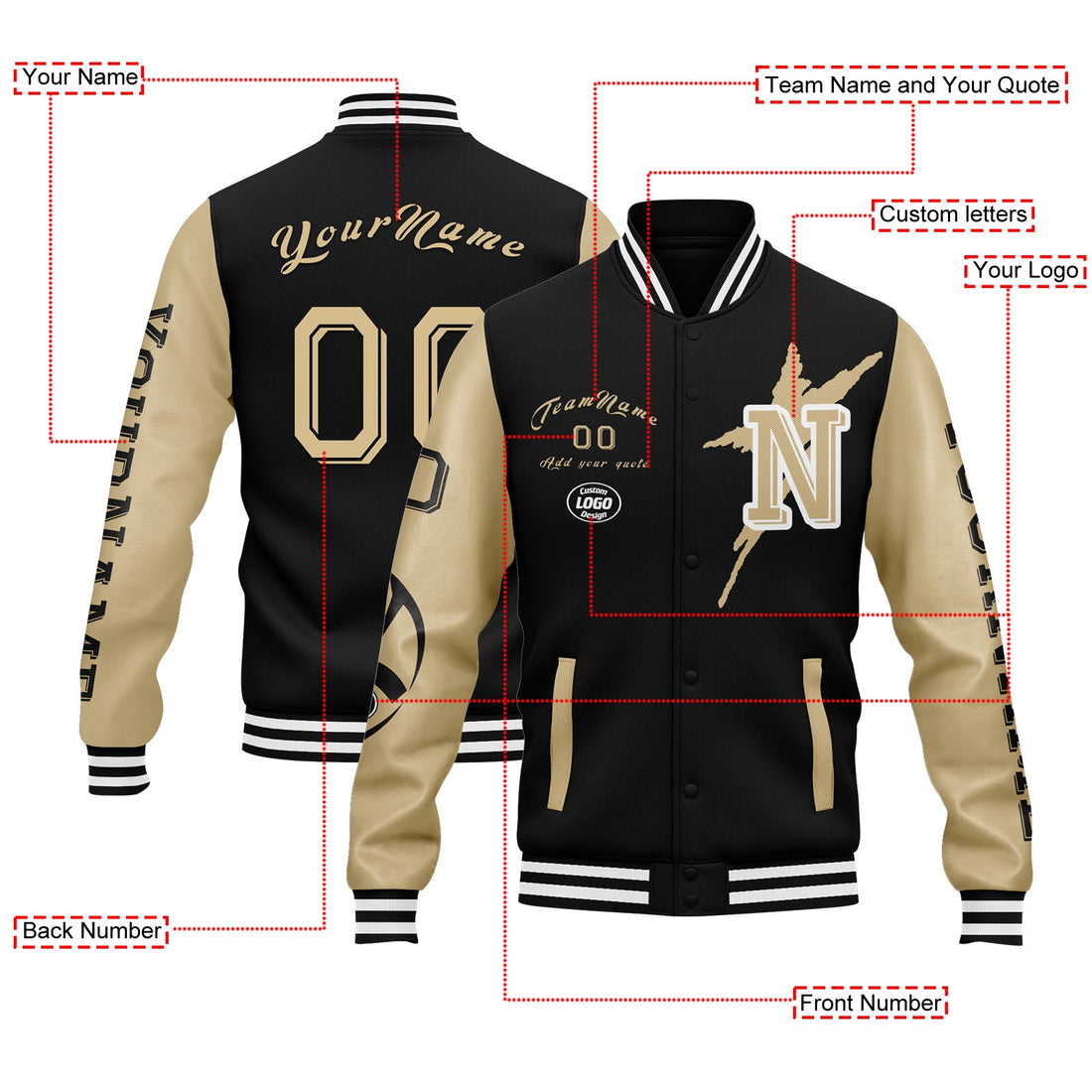 Custom Black Gold New Orleans Jacket Bomber Full-Snap Varsity Letterman Personalized Jacket FZ005SX-D020290-19