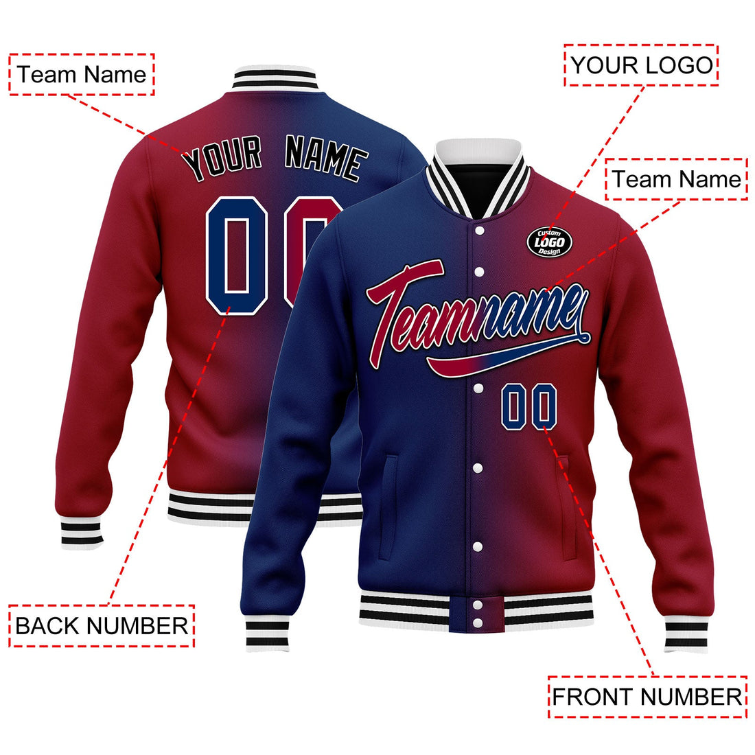 Custom Gradient Fashion Jacket Bomber Full-Snap Varsity Letterman Personalized Jacket FZ005-D028016-4