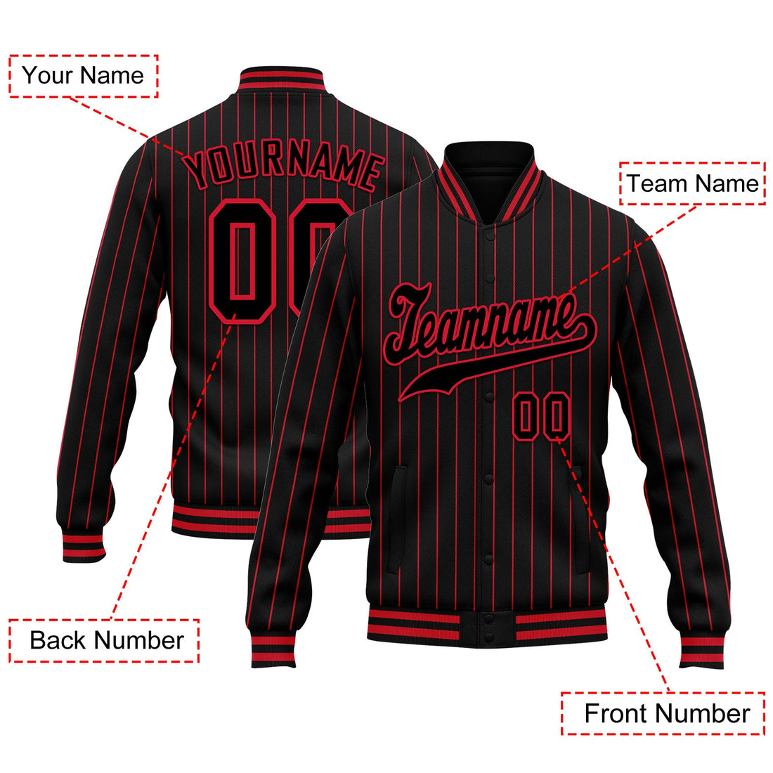 Gift Ideas,Custom Black Red Stripe Fashion Jacket Bomber Full-Snap Varsity Letterman Personalized Jacket FZ005-D020219-26