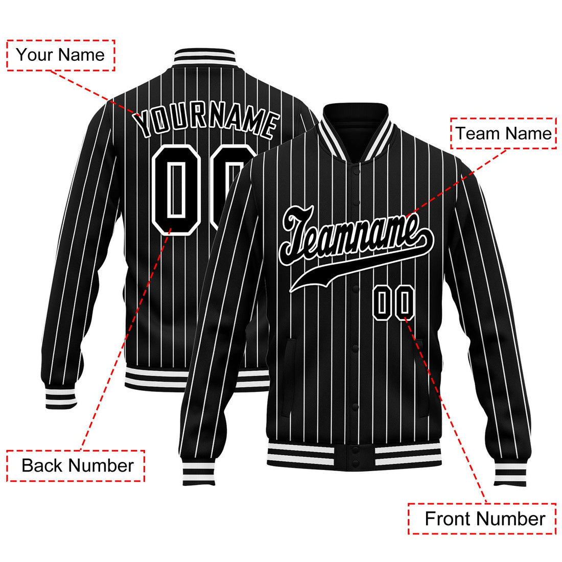 Gift Ideas,Custom Black White Stripe Fashion Jacket Bomber Full-Snap Varsity Letterman Personalized Jacket FZ005-D020219-1