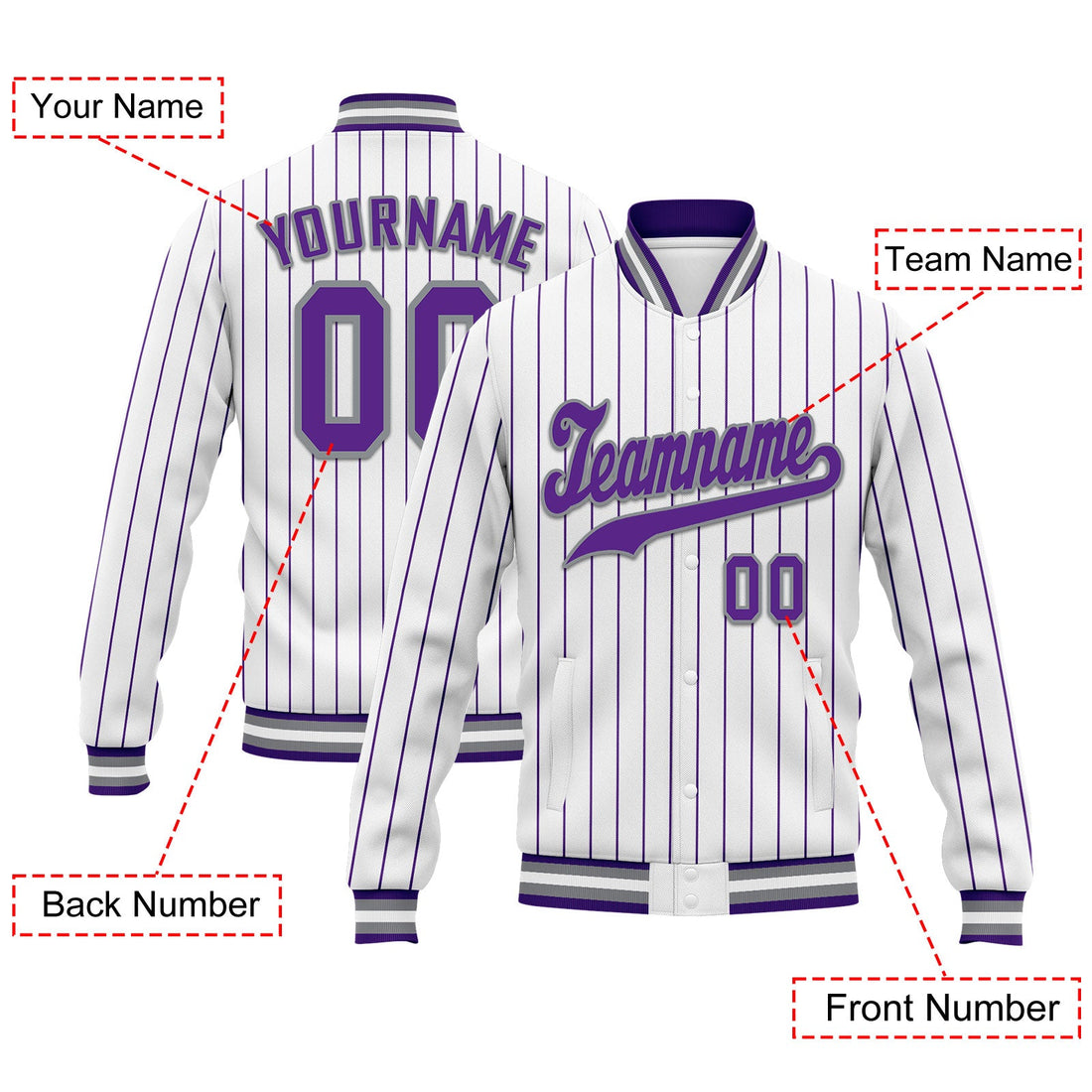 Gift Ideas,Custom White Purple Stripe Fashion Jacket Bomber Full-Snap Varsity Letterman Personalized Jacket FZ005-D020219-15