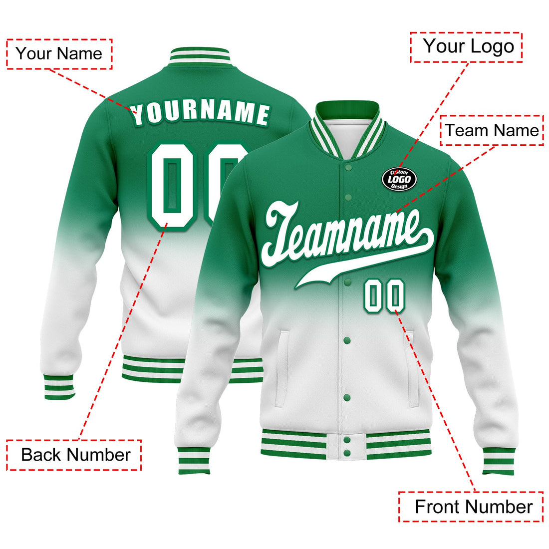 Luxury Gifts,Custom Green White Fade Fashion Jacket Bomber Full-Snap Varsity Letterman Personalized Jacket FZ005-D020229-10