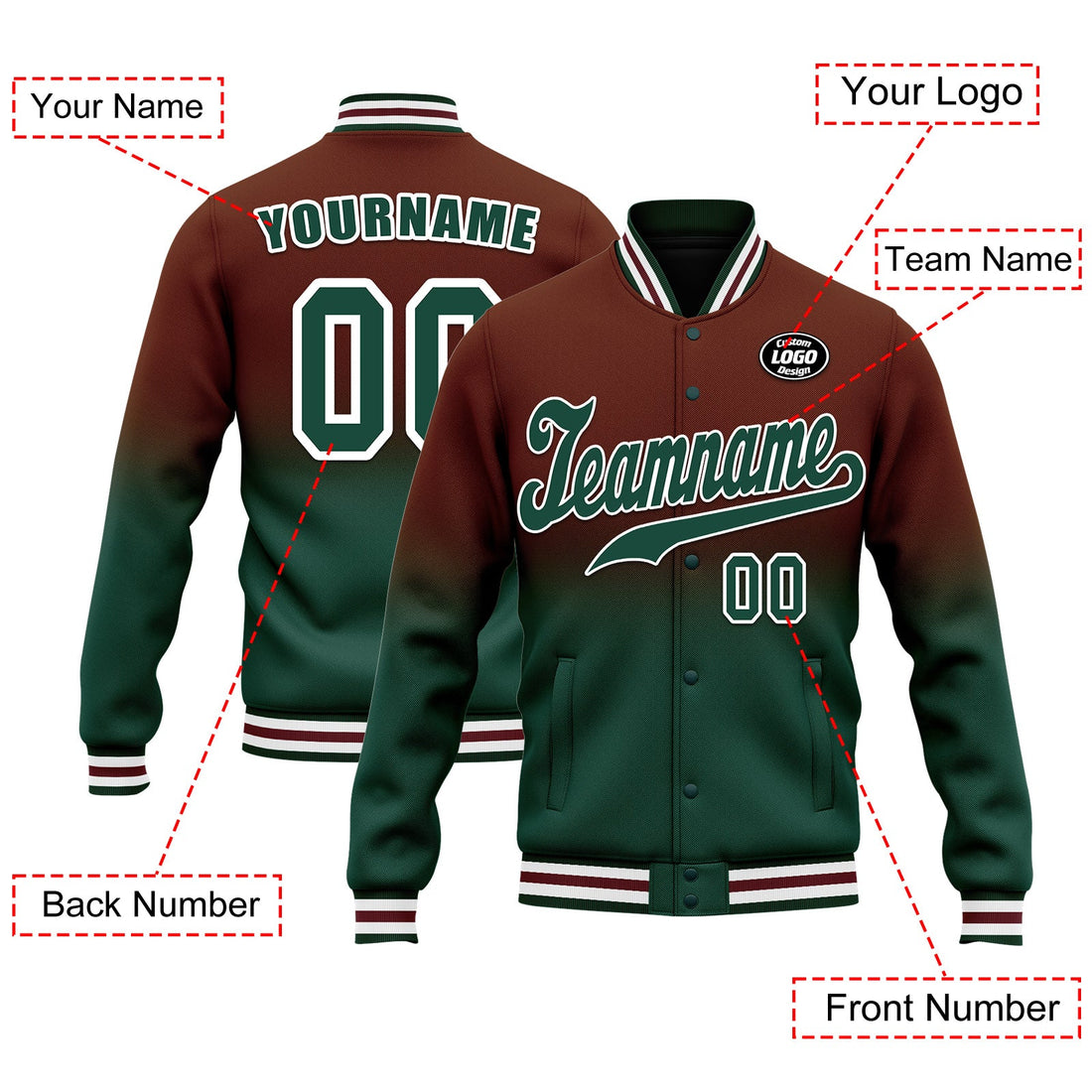 Luxury Gifts,Custom Brown Green Fade Fashion Jacket Bomber Full-Snap Varsity Letterman Personalized Jacket FZ005-D020229-19