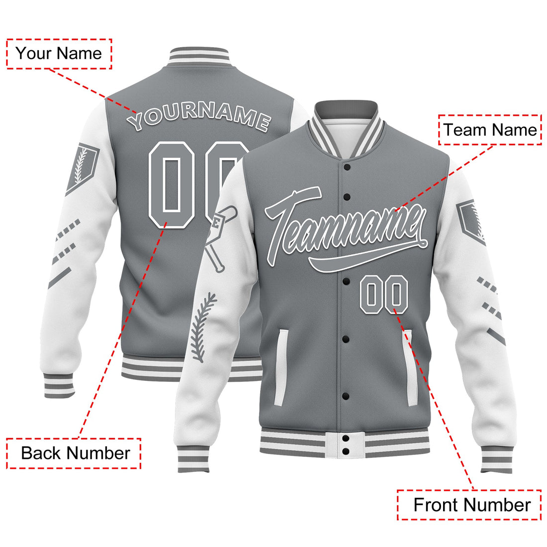 Custom Gray White Raglan Sleeves Jacket Bomber Full-Snap Varsity Letterman Personalized Jacket FZ005-D023002-10