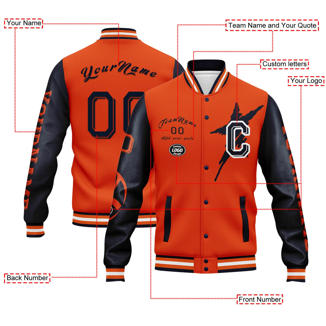 Custom Blue Orange Chicago Jacket Bomber Full-Snap Varsity Letterman Personalized Jacket FZ005SX-D020290-7