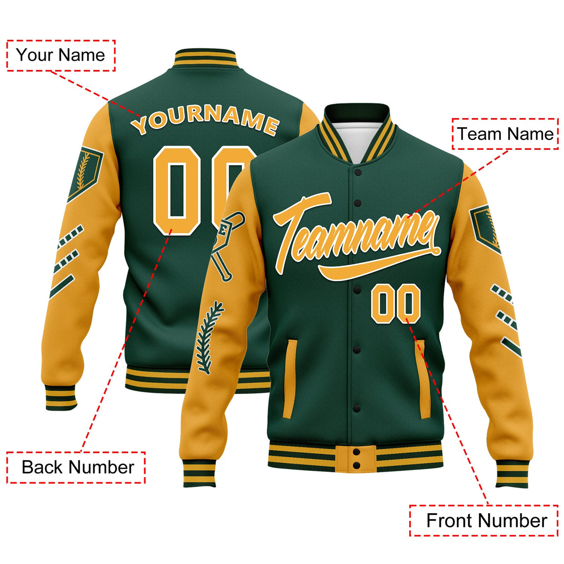 Custom Green Yellow Raglan Sleeves Jacket Bomber Full-Snap Varsity Letterman Personalized Jacket FZ005-D023002-9