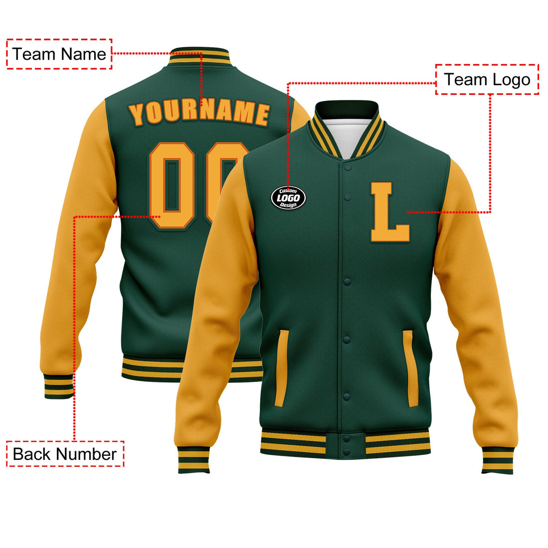 Gifts For Him/Her,Custom Green Yellow Jacket Bomber Full-Snap Varsity Letterman Personalized Jacket FZ005-D020255-9