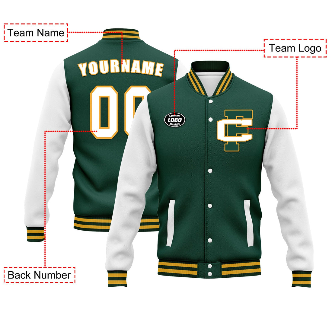 Gifts For Him/Her,Custom Green White Jacket Bomber Full-Snap Varsity Letterman Personalized Jacket FZ005-D020255-5