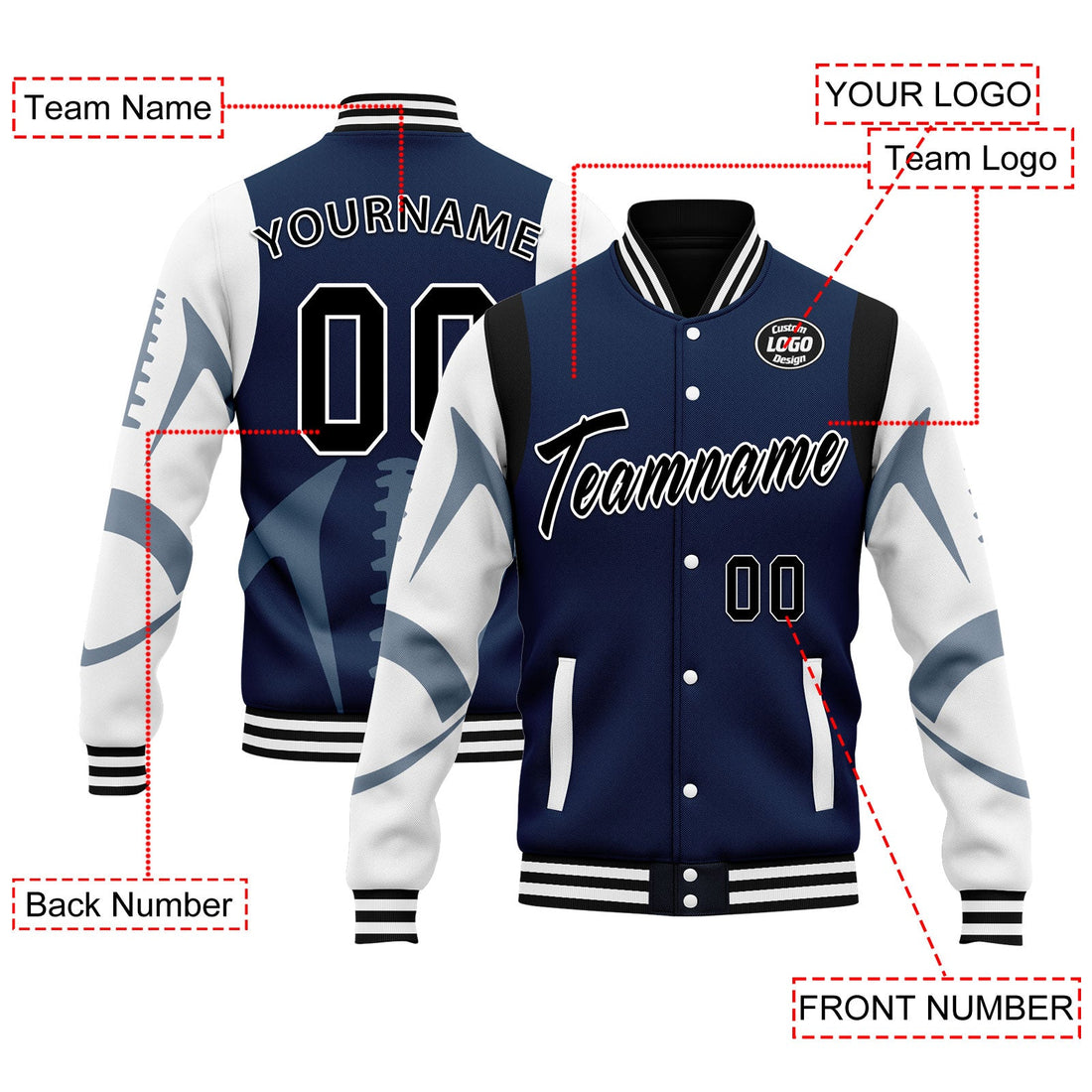 Custom Blue Dallas Jacket Bomber Full-Snap Varsity Letterman Personalized Jacket FZ005-D025004-8