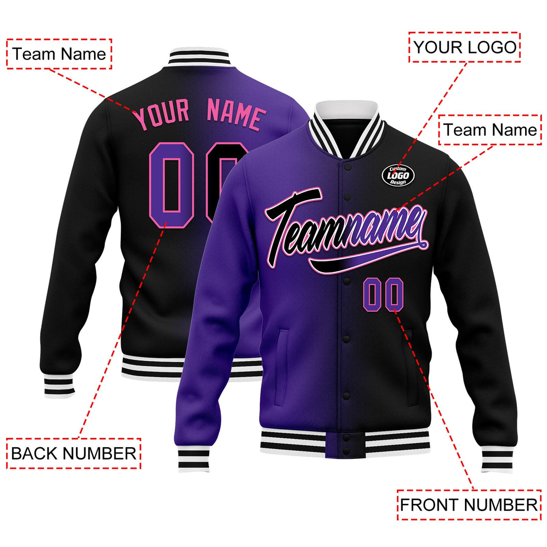 Custom Gradient Fashion Jacket Bomber Full-Snap Varsity Letterman Personalized Jacket FZ005-D028016-11