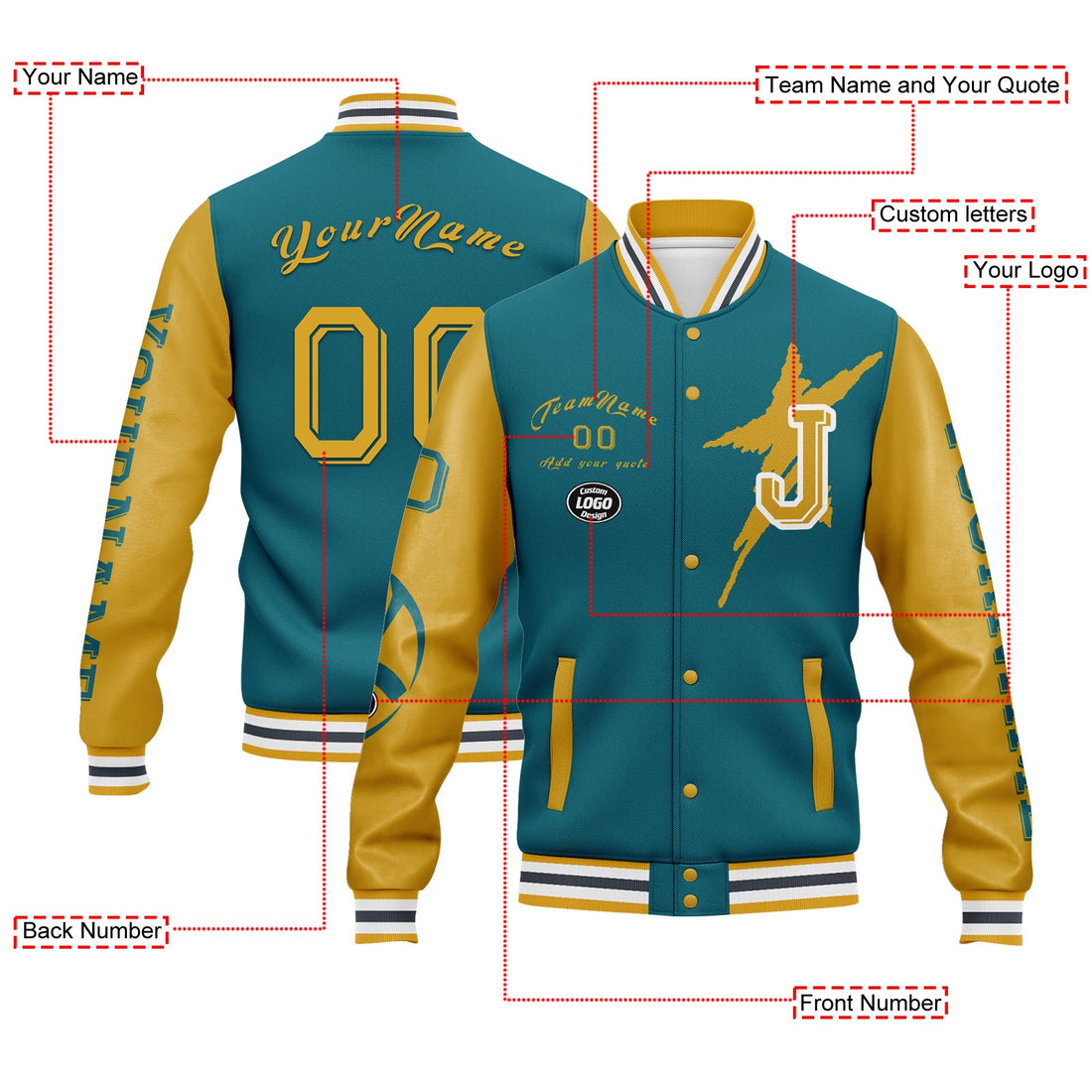 Custom Green Yellow Jacksonville Jacket Bomber Full-Snap Varsity Letterman Personalized Jacket FZ005SX-D020290-16