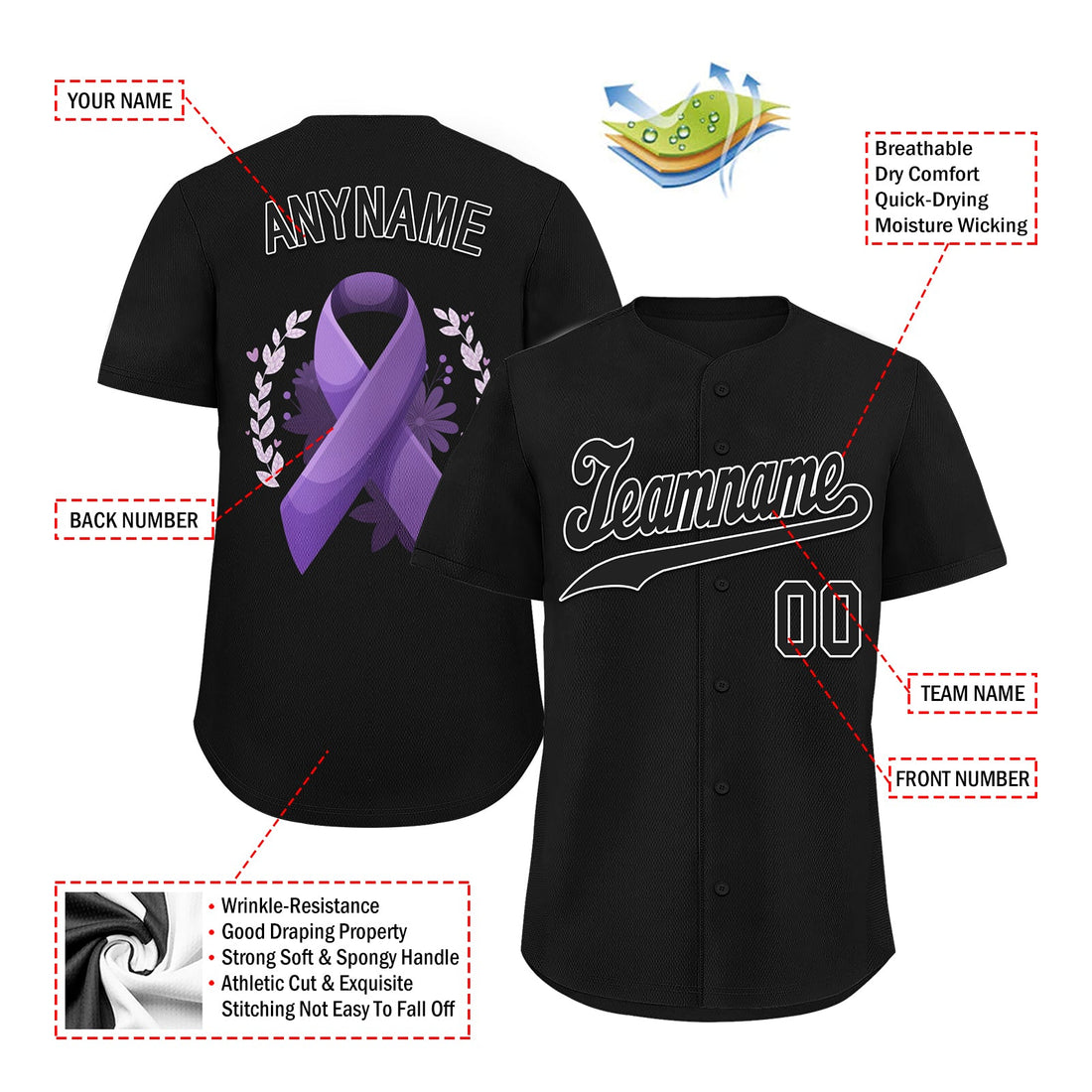 Custom Black World Cancer Day Personalized Authentic Baseball Jersey BSBJ01-E06020-2