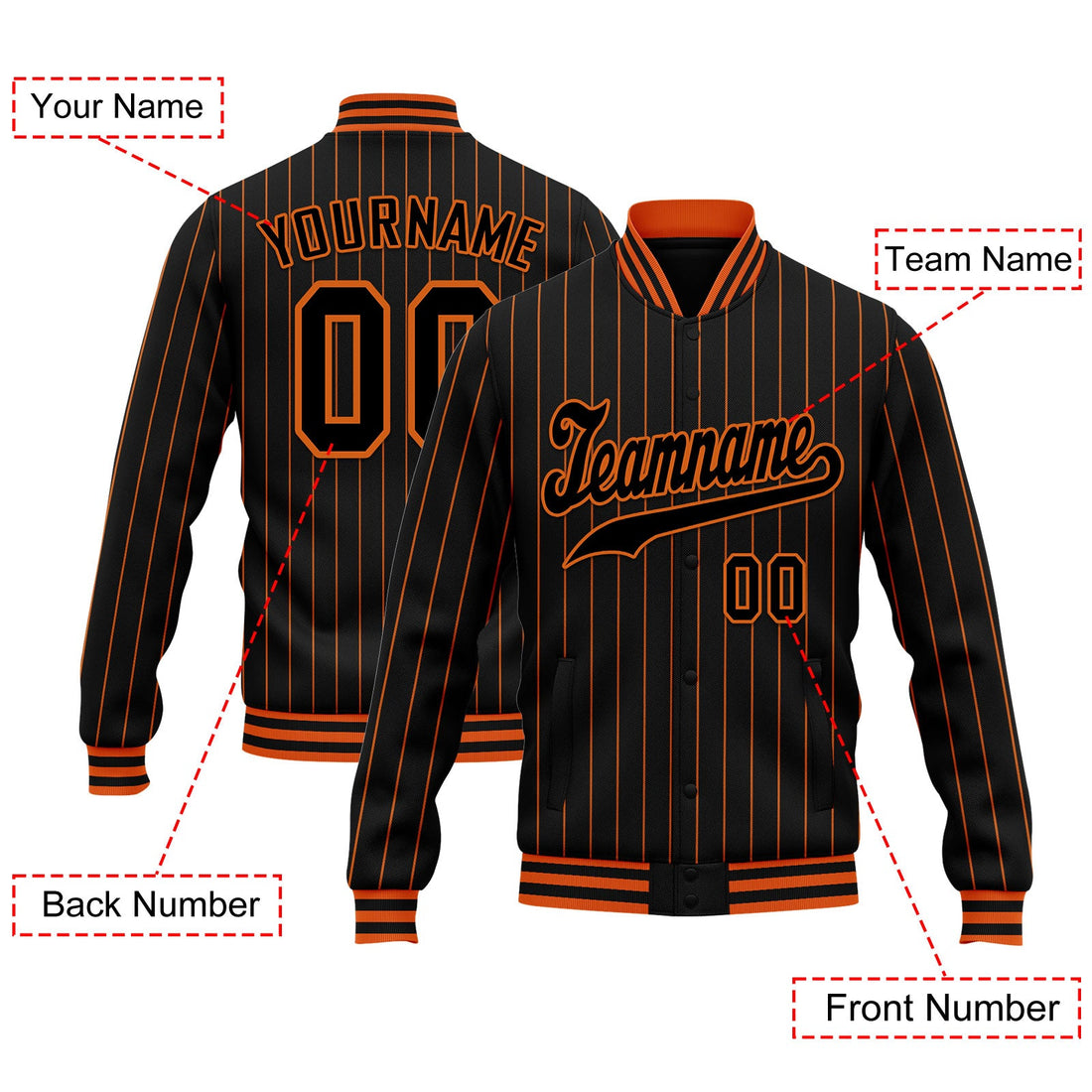 Gift Ideas,Custom Black Orange Stripe Fashion Jacket Bomber Full-Snap Varsity Letterman Personalized Jacket FZ005-D020219-3