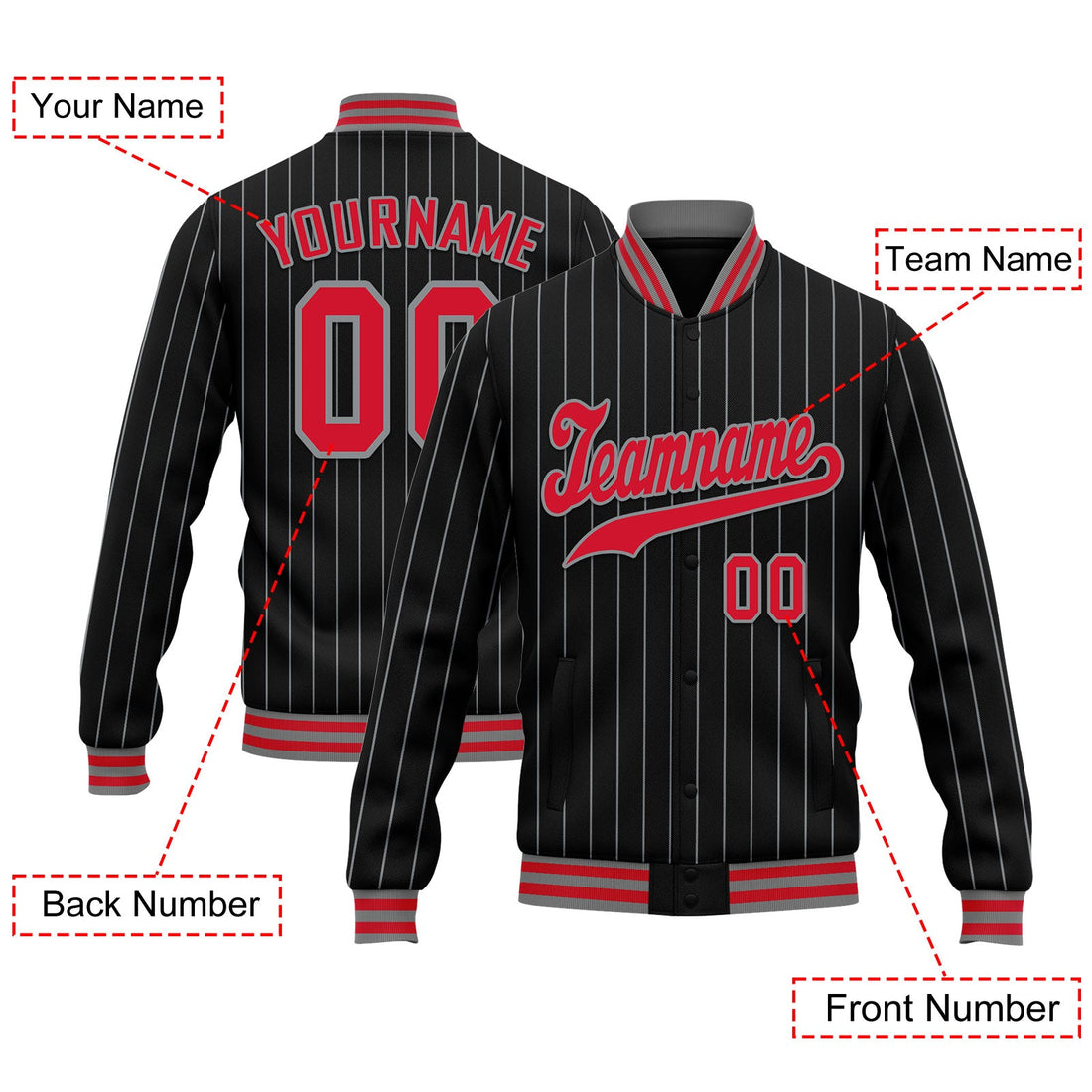 Gift Ideas,Custom Black Navy Stripe Fashion Jacket Bomber Full-Snap Varsity Letterman Personalized Jacket FZ005-D020219-27