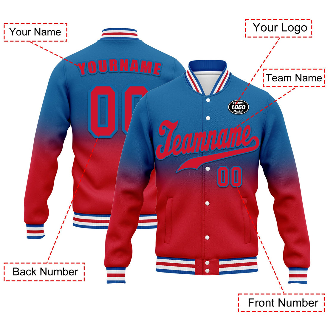 Custom Blue Red Fade Fashion Jacket Bomber Full-Snap Varsity Letterman Personalized Jacket FZ005-D020229-11