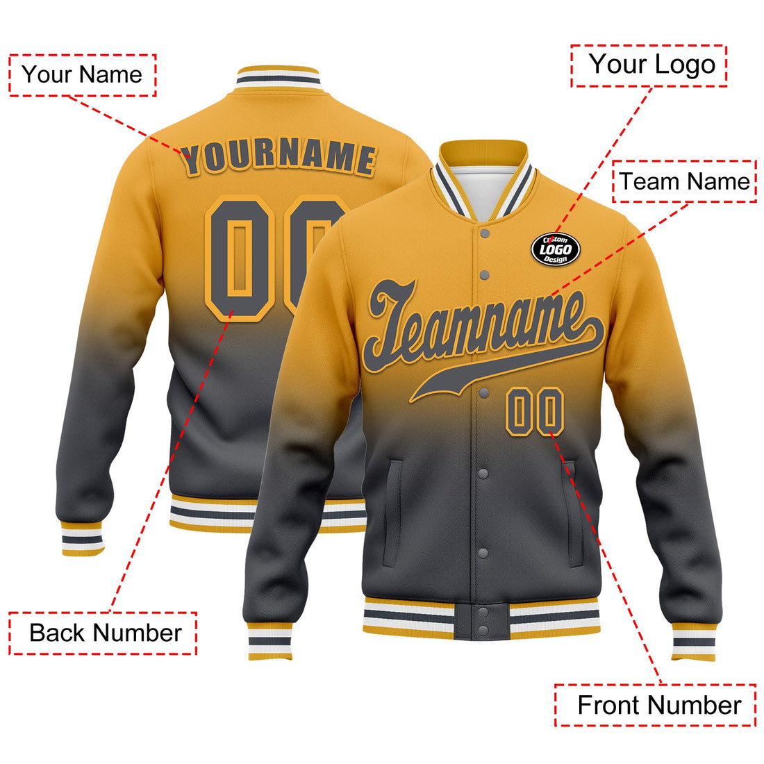 Custom Yellow Gray Fade Fashion Jacket Bomber Full-Snap Varsity Letterman Personalized Jacket FZ005-D020229-16