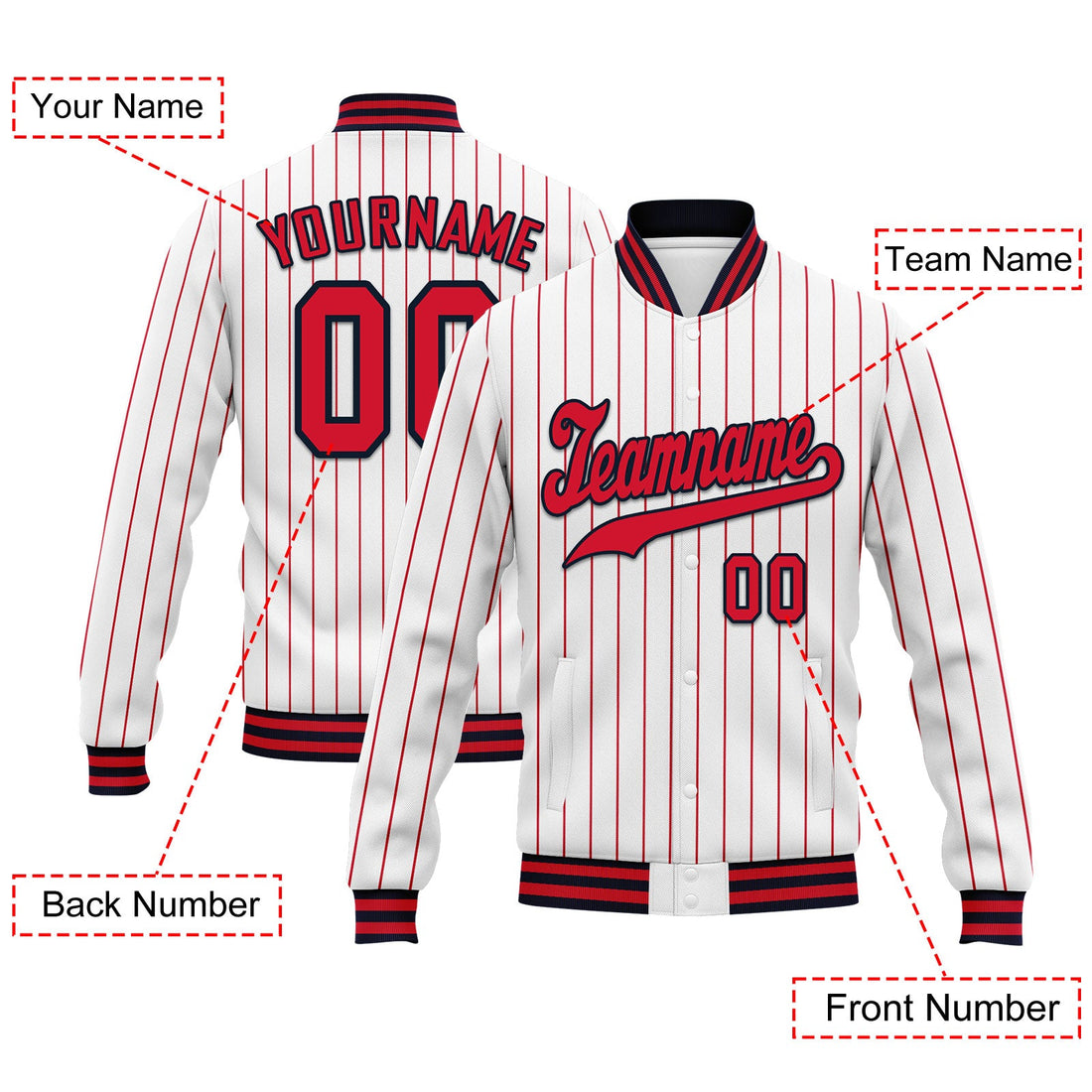 Gift Ideas,Custom White Red Stripe Fashion Jacket Bomber Full-Snap Varsity Letterman Personalized Jacket FZ005-D020219-4