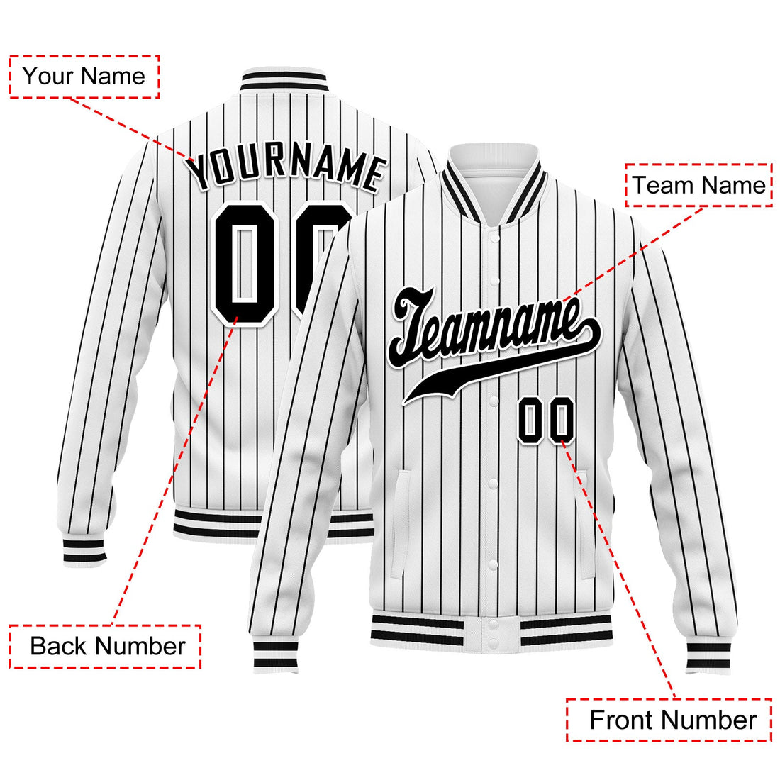 Gift Ideas,Custom White Black Stripe Fashion Jacket Bomber Full-Snap Varsity Letterman Personalized Jacket FZ005-D020219-20