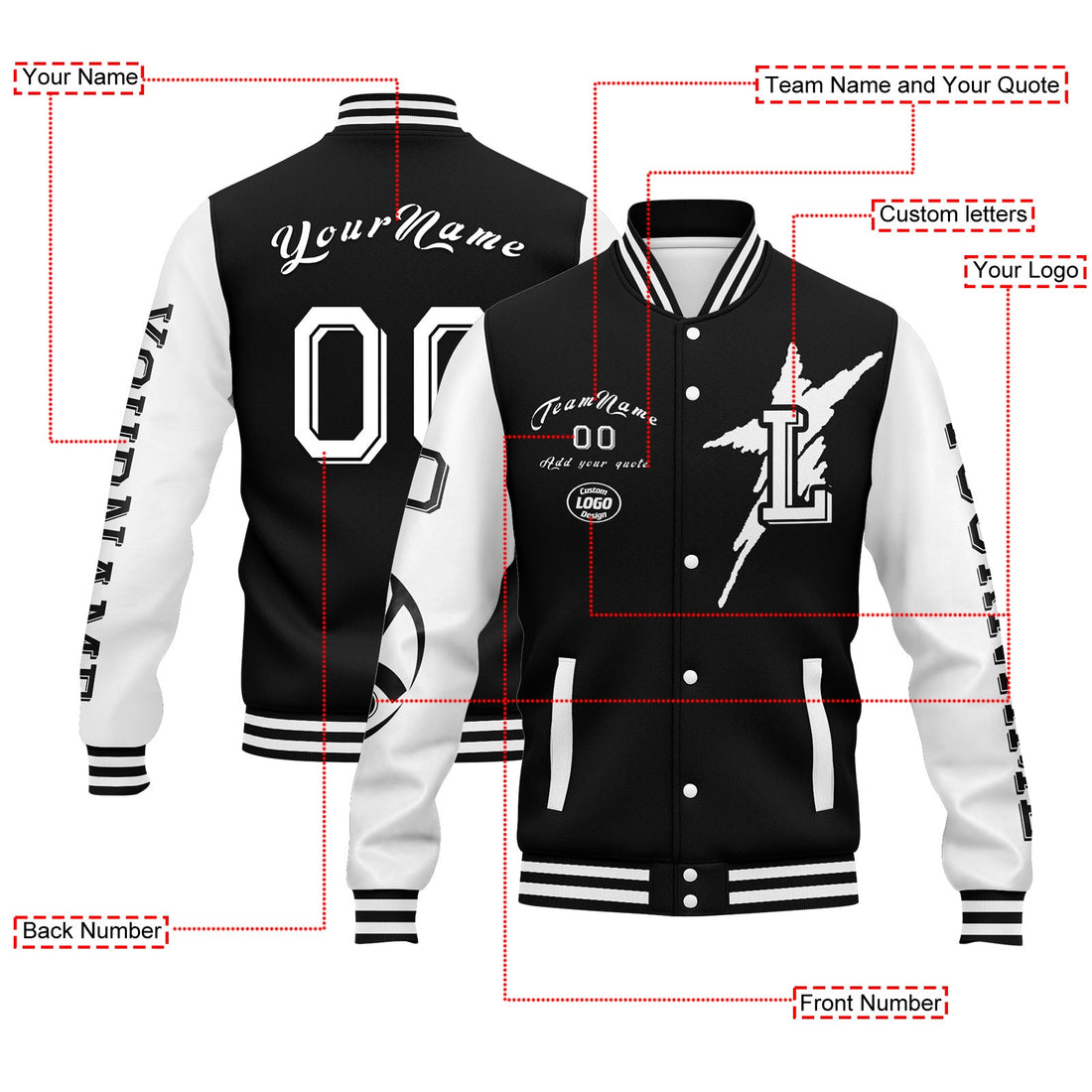 Corporate Gifts,Custom Black White Las Vegas Jacket Bomber Full-Snap Varsity Letterman Personalized Jacket FZ005SX-D020290-20