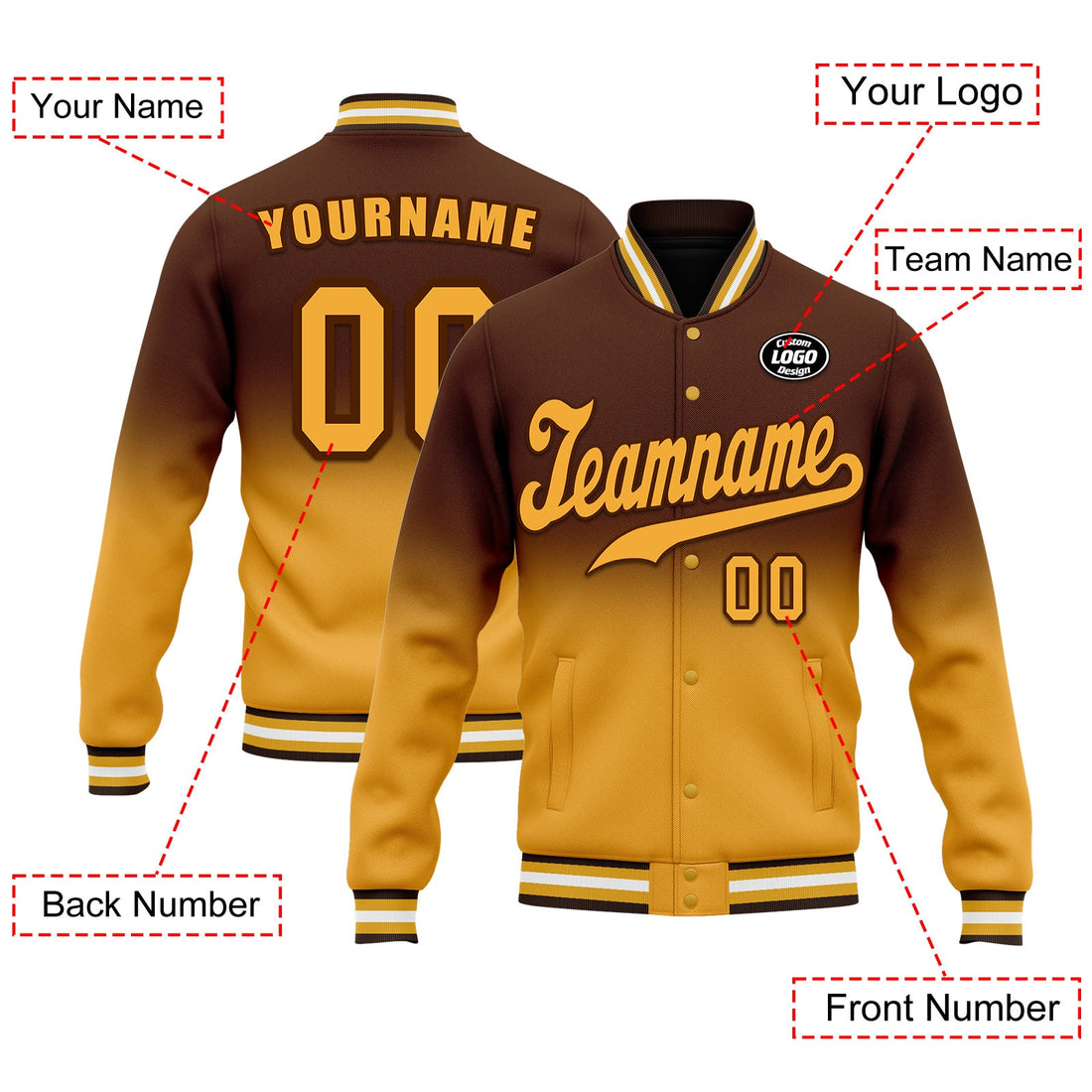 Luxury Gifts,Custom Brown Yellow Fade Fashion Jacket Bomber Full-Snap Varsity Letterman Personalized Jacket FZ005-D020229-7