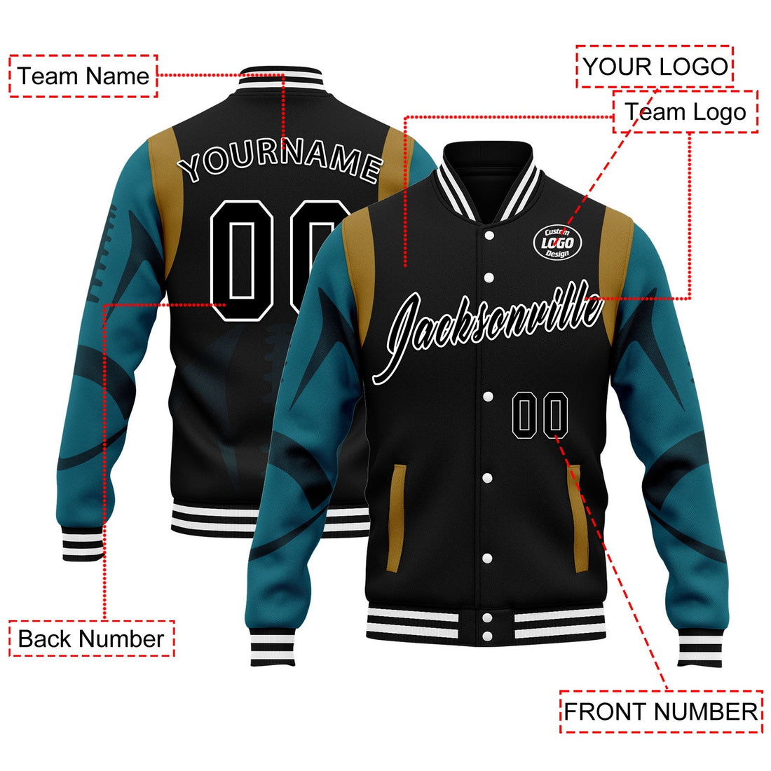 Corporate Gifts,Custom Black Jacksonville Jacket Bomber Full-Snap Varsity Letterman Personalized Jacket FZ005-D025004-17